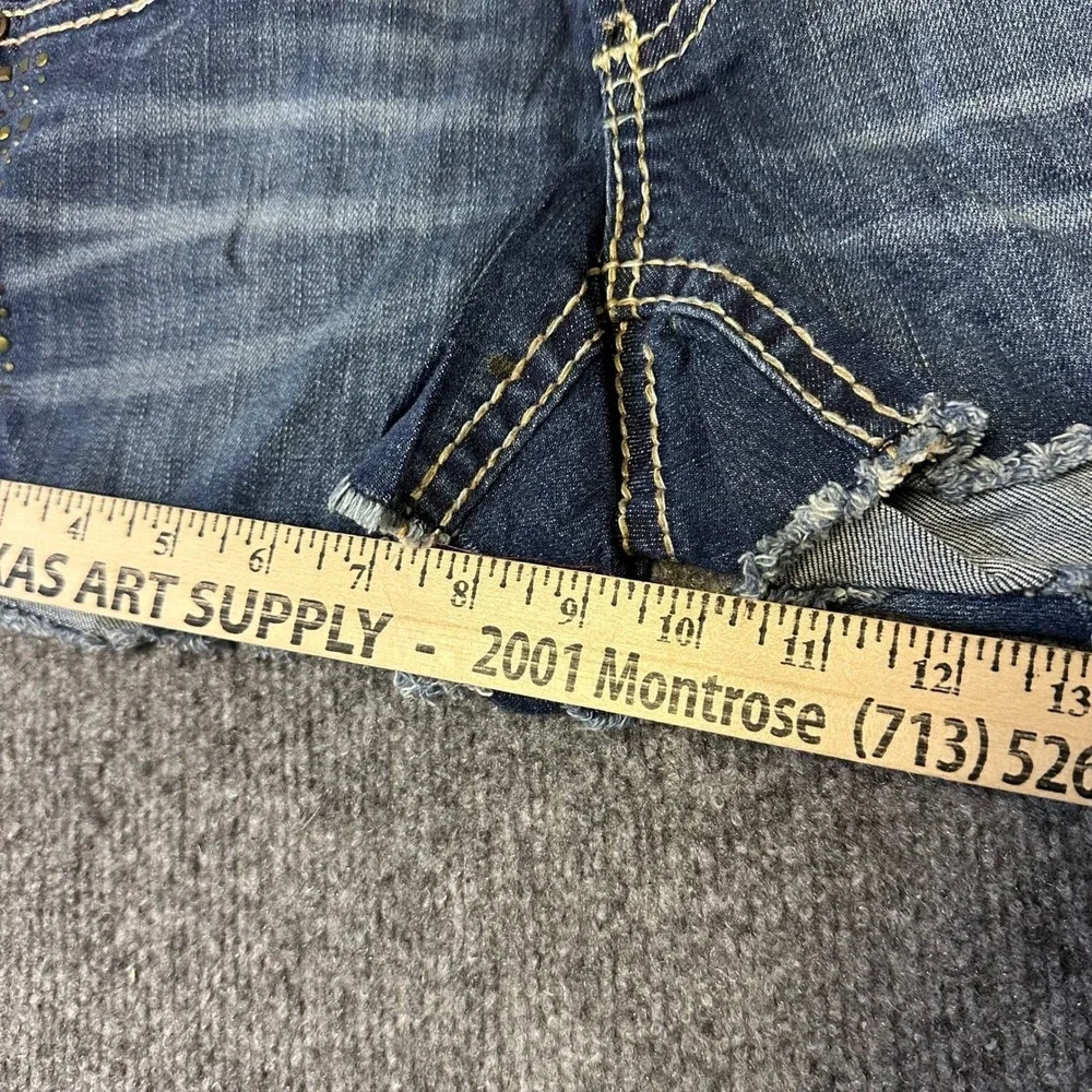 Cache Jean Shorts Womens Size 2 Blue Studded Low Rise Cut Off Denim Raw Hem Flaw